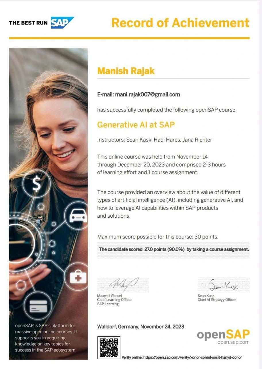 openSAP Record of Achievement for the Generative AI at SAP course completed by Manish Rajak with 90% score